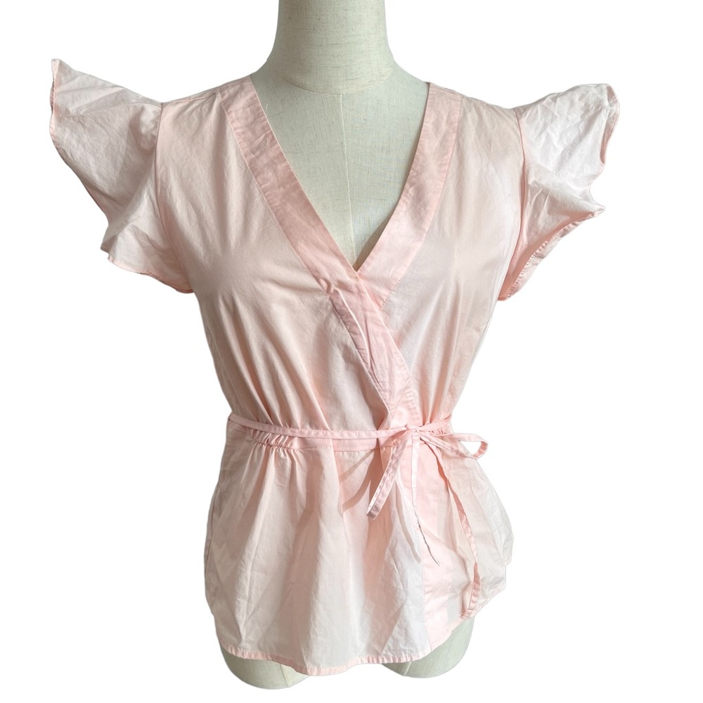 J. Crew Women’s Petite Pink Flutter Sleeve Cotton Wrap Blouse Top | Size 6P